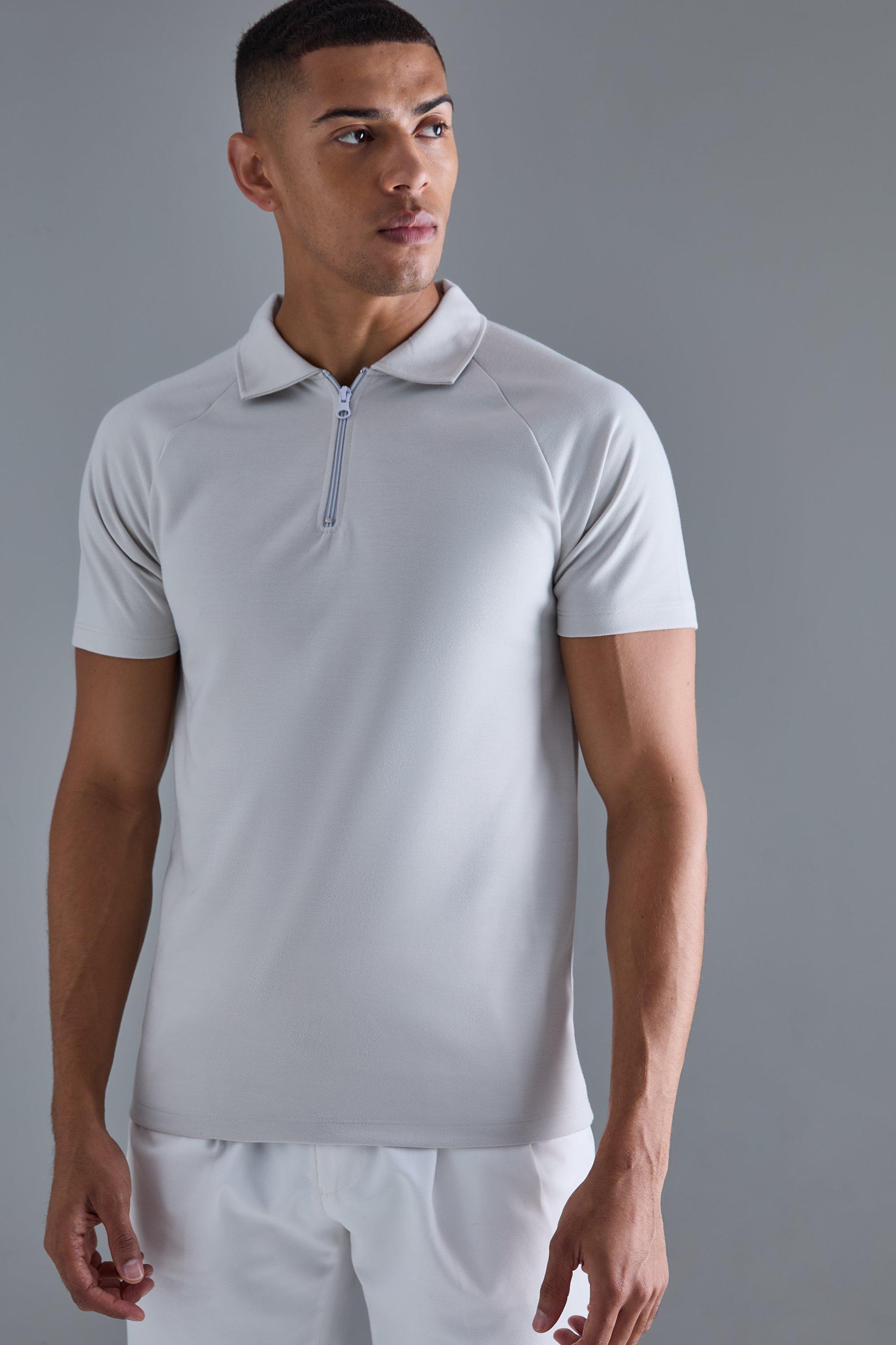 Slim Raglan Zip Neck Interlock Polo | boohooMAN USA Product Image