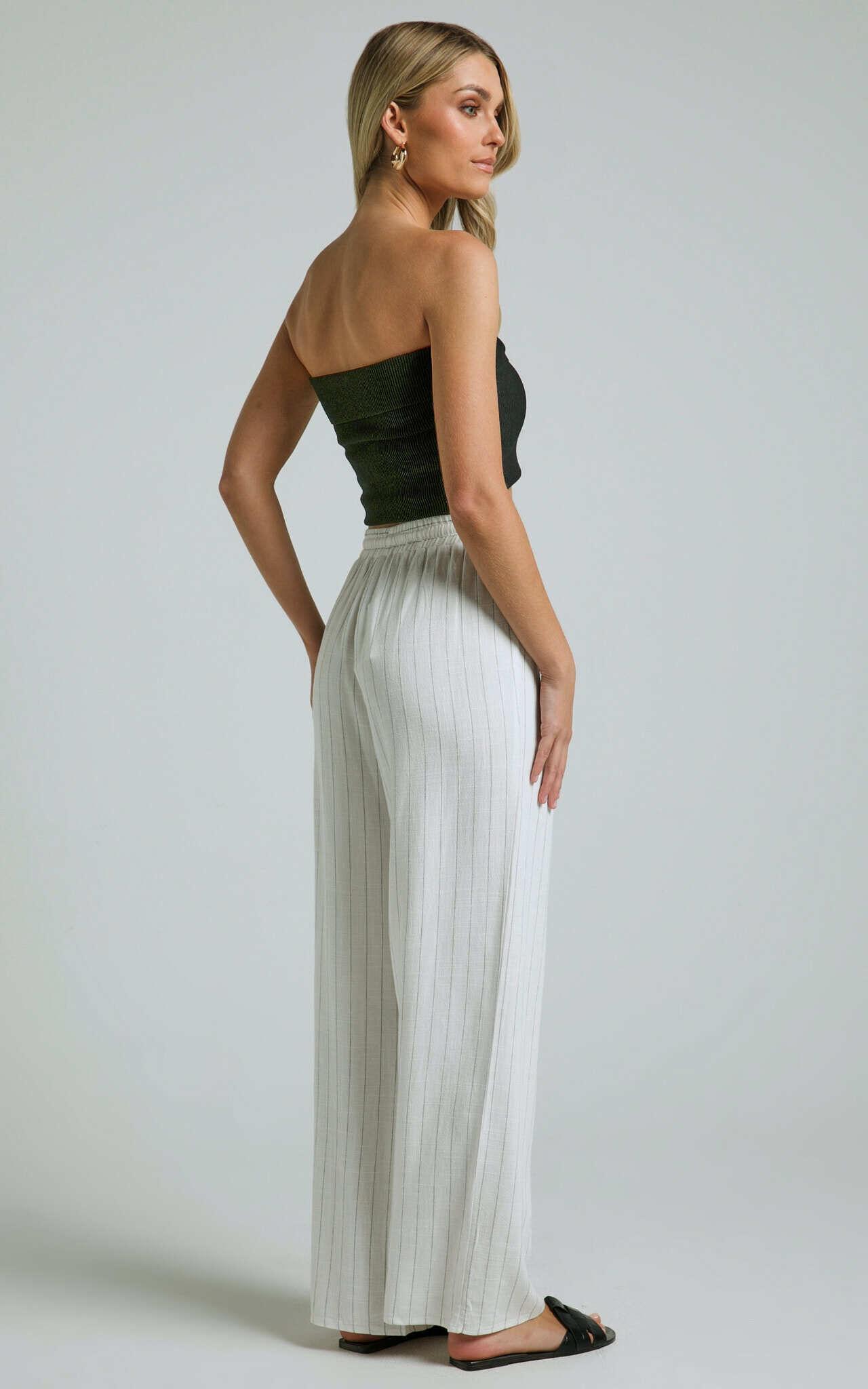 Barbra Pants - Pinstripe Linen Look High Waisted Relaxed Pants in White Stripe Product Image