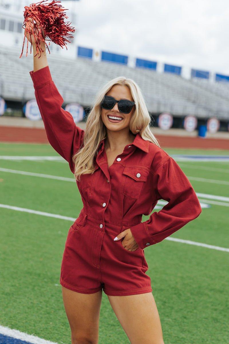 Red Long Sleeve Denim Romper Product Image