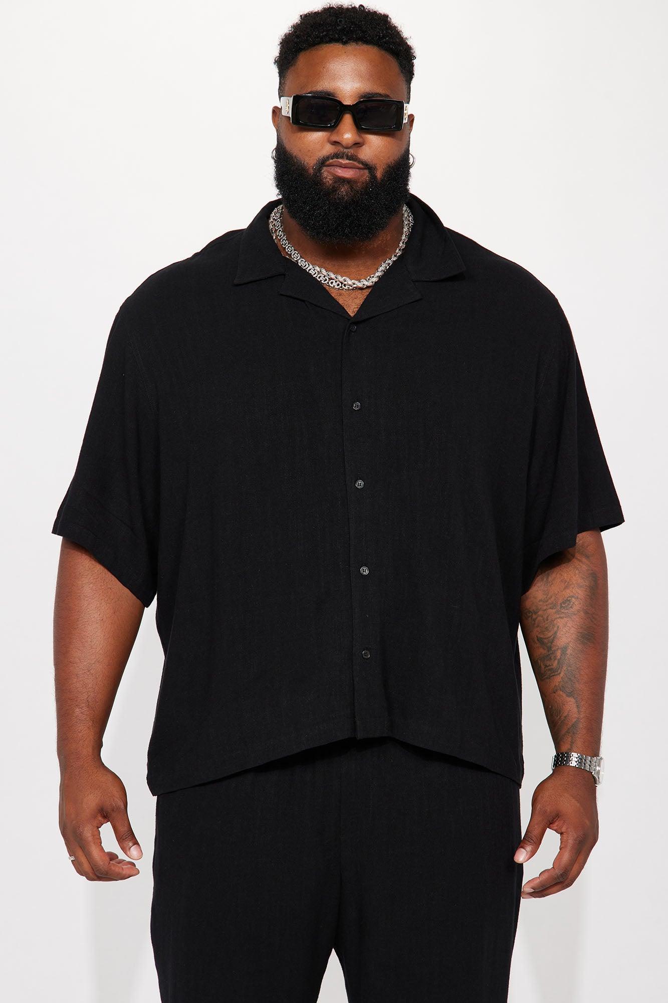 Solid Textured Linen Button Up Shirt - Black Product Image