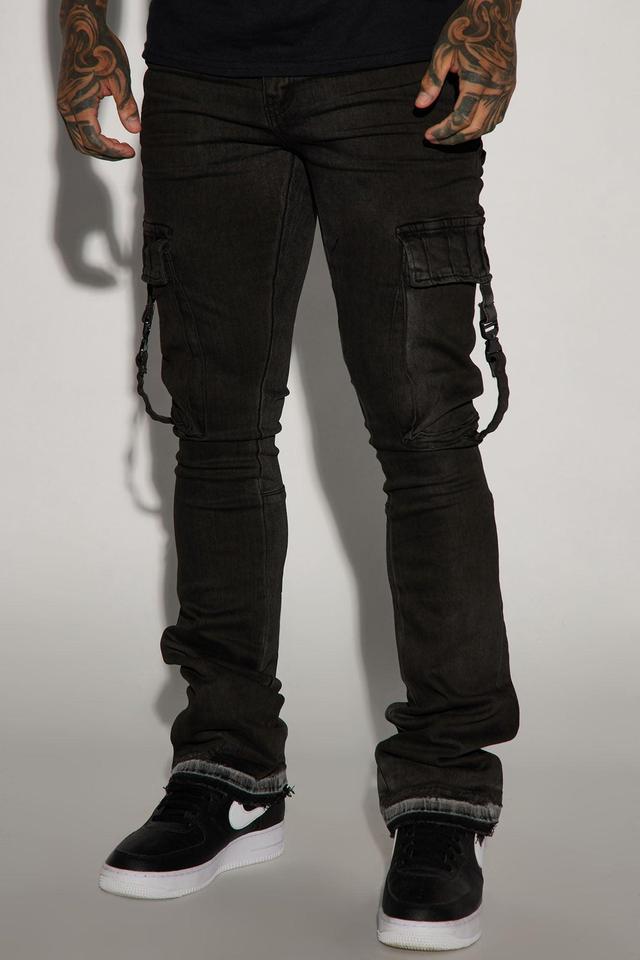 Got Me Buckled Up Stacked Skinny Flare Cargo Jeans - Black Wash Product Image