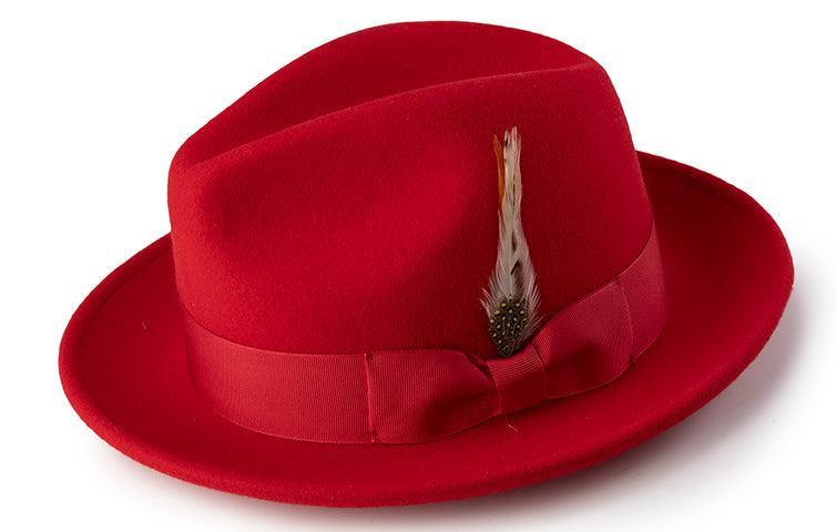 Wool Felt Fedora Pinch Front with Feather Accent in Red Product Image