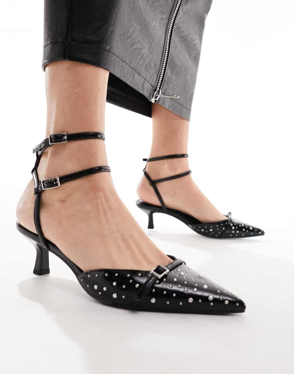 ASOS DESIGN Salsa studded slingback kitten heeled shoes in black Product Image