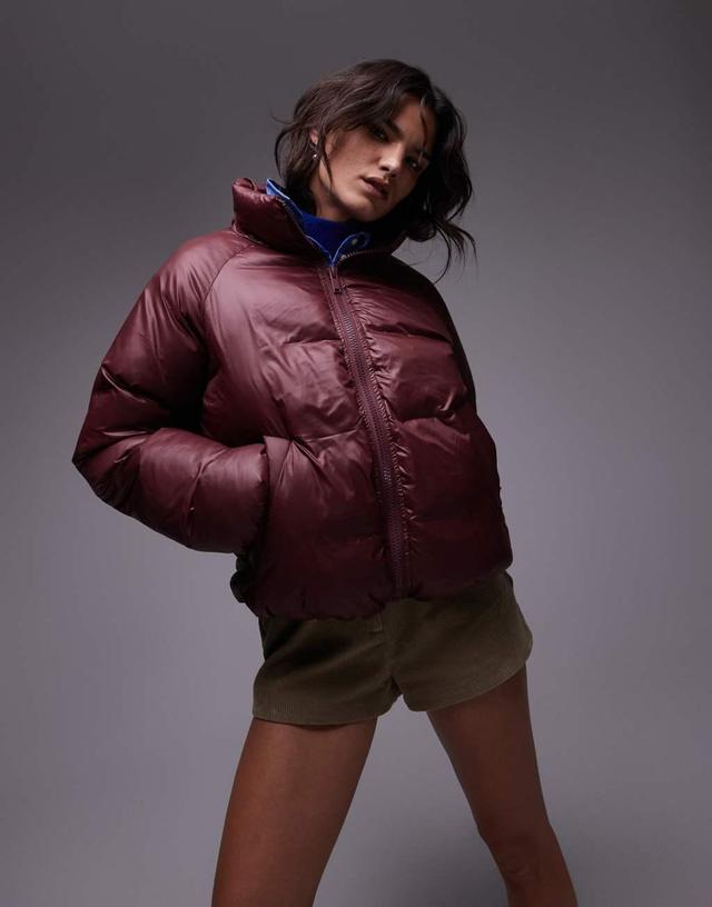 Topshop puffer bomber jacket in burgundy Product Image