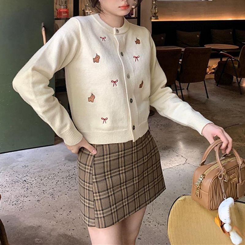 Crew Neck Bow Embroidered Button Cardigan Product Image