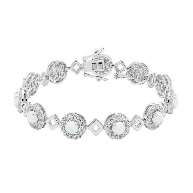 Sterling Silver Lab-Created Opal & White Sapphire Halo Link Bracelet, Womens Product Image