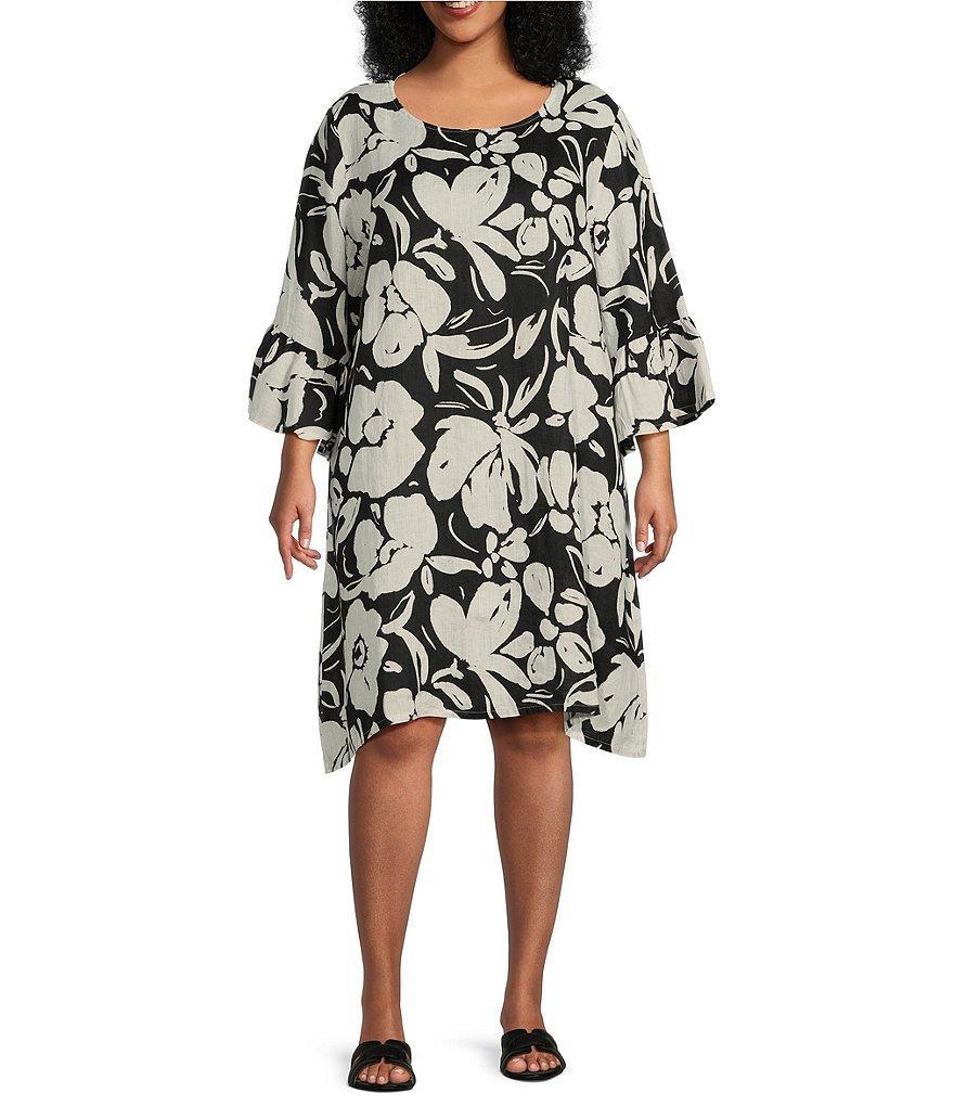 Bryn Walker Plus Size Phryne Light Linen Floral Crew Neck 3/4 Ruffled Bell Sleeve Waistless Shift Dress product image