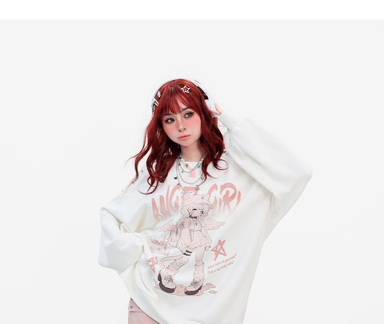 Off-Shoulder Cartoon Print Buttoned Oversized Sweatshirt Product Image