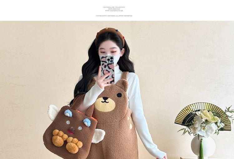 Maternity Long-Sleeve Mock Neck Plain Knit Top / Bear Fleece Harem Dungaree Product Image