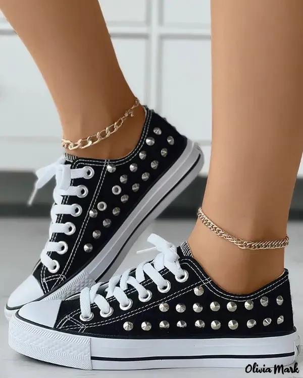 Olivia Mark – Lace-up studded canvas sneakers Product Image