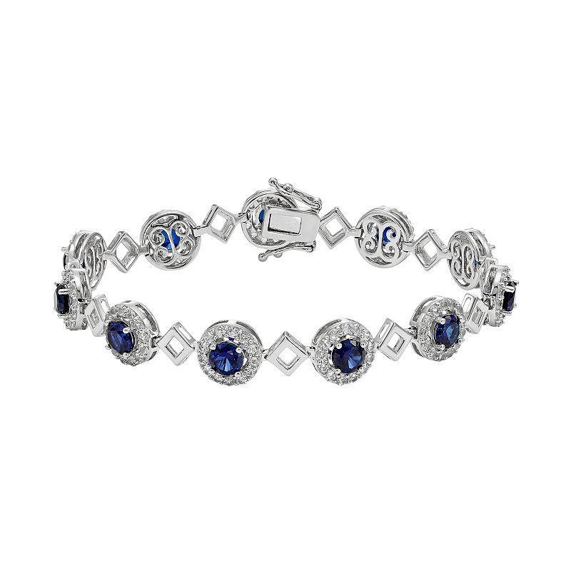 Lab-Created Blue & White Sapphire Sterling Silver Halo Bracelet, Womens Product Image