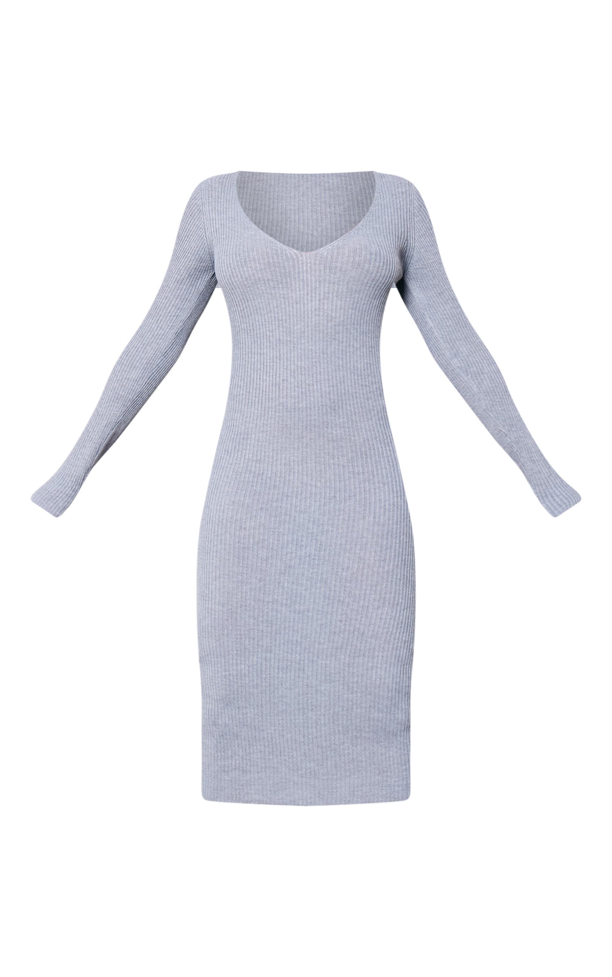 Grey V Neck Knit Midi Dress Product Image