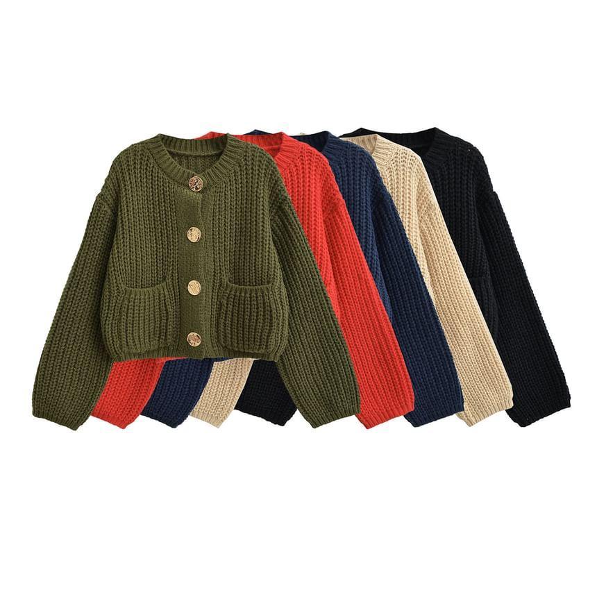 Round Neck Plain Pocket Detail Cardigan Product Image