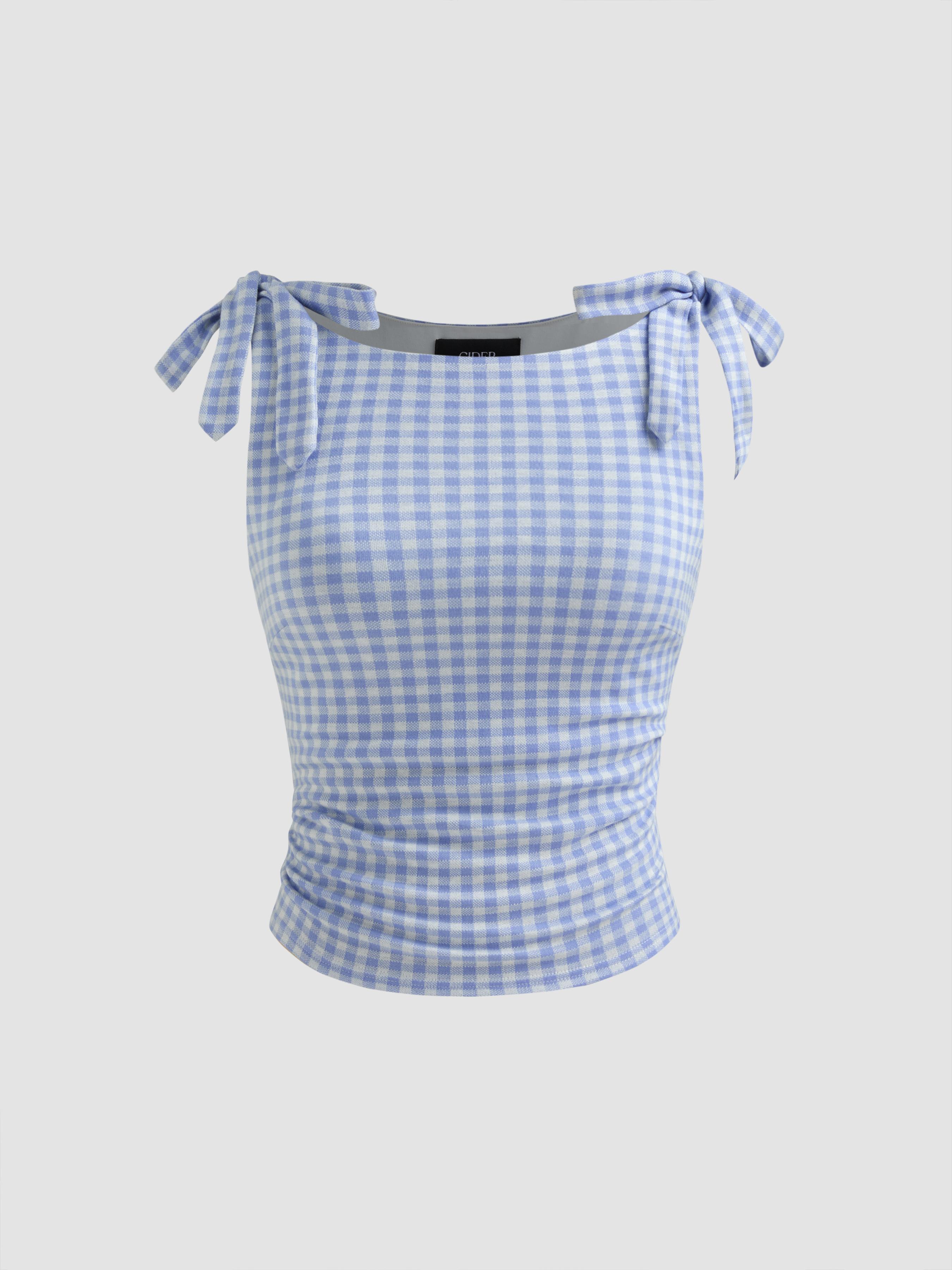 Boat Neckline Gingham Bowknot Ruched Crop Tank Top product image