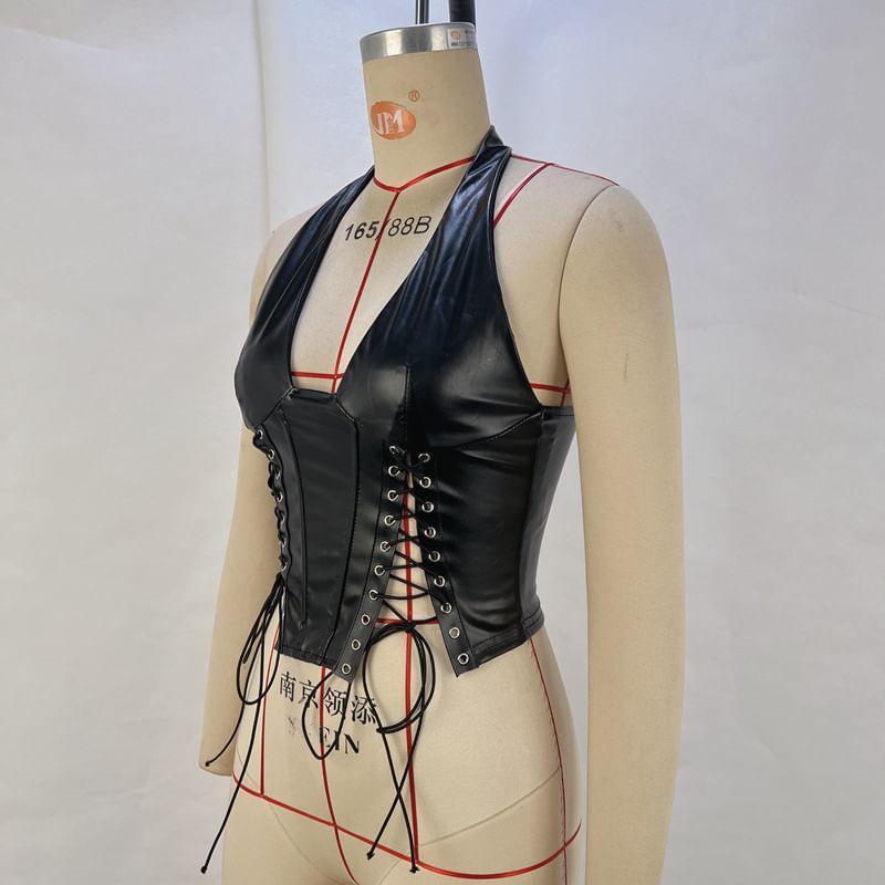 Halter Plain Lace-Up Faux Leather Corset Top Product Image