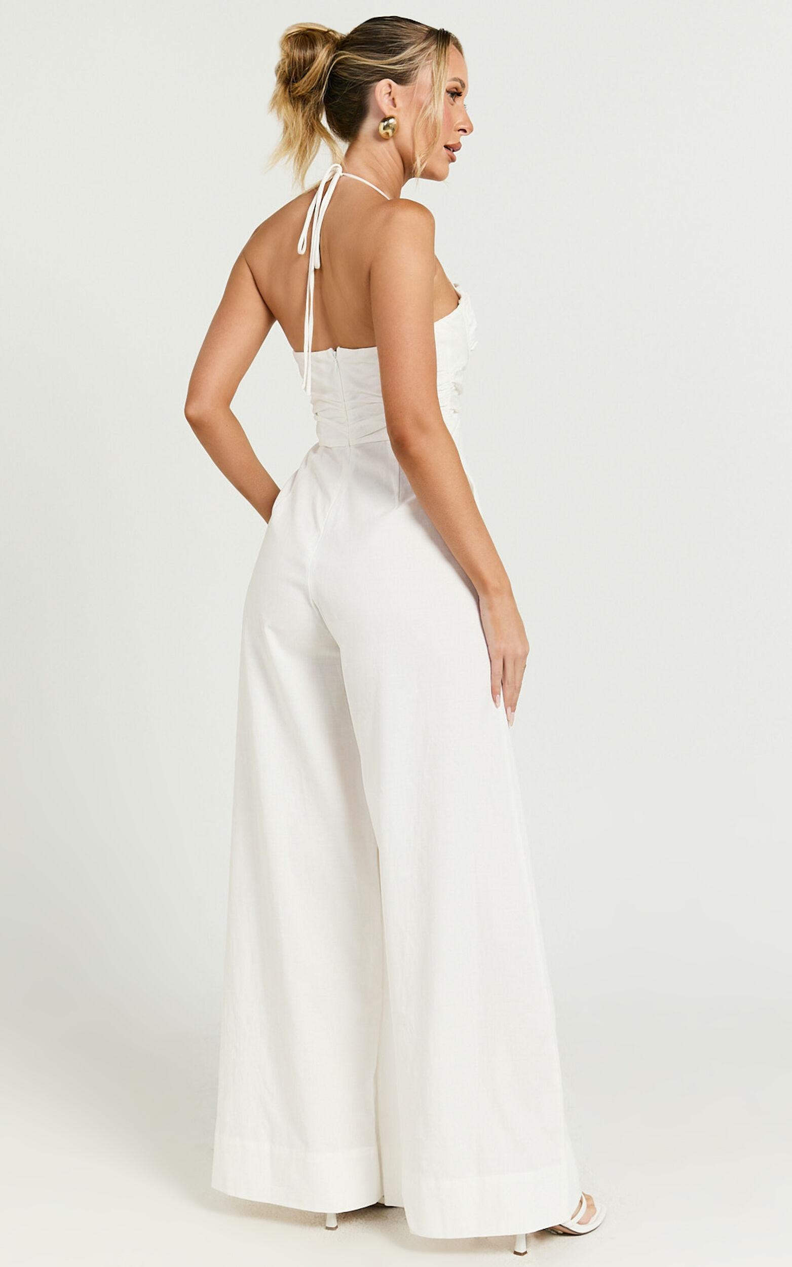 Norah Jumpsuit - Linen Look Halter Neck Wide Leg Jumpsuit in White Product Image