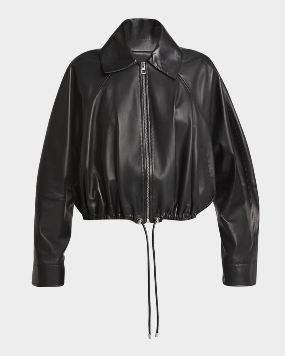 Leather Zip-Up Drawstring Balloon Jacket Product Image