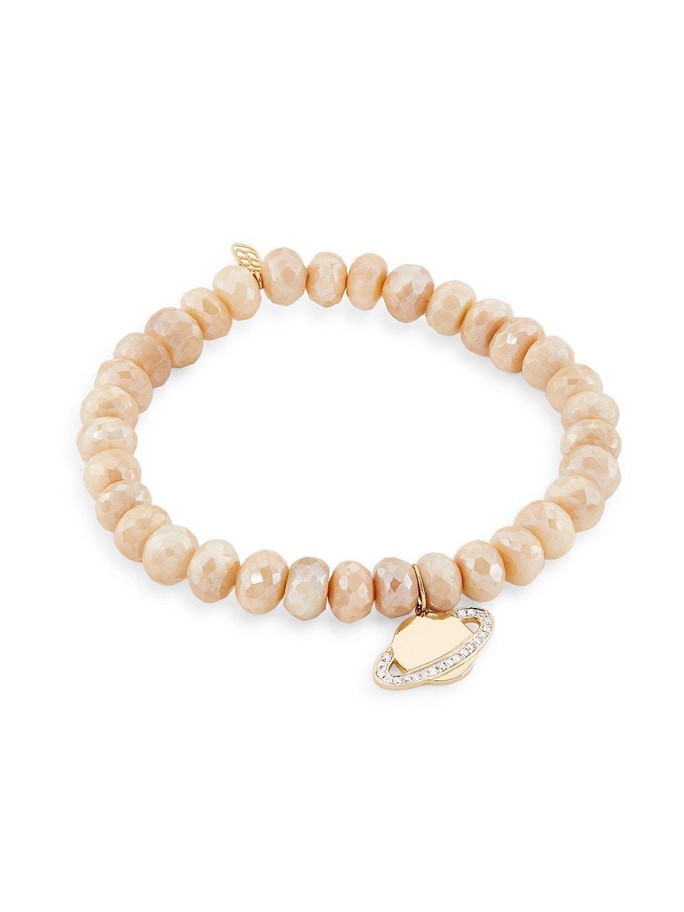 Womens 14K Yellow Gold, Sand Moonstone & 0.11 TCW Diamond Beaded Stretch Bracelet Product Image