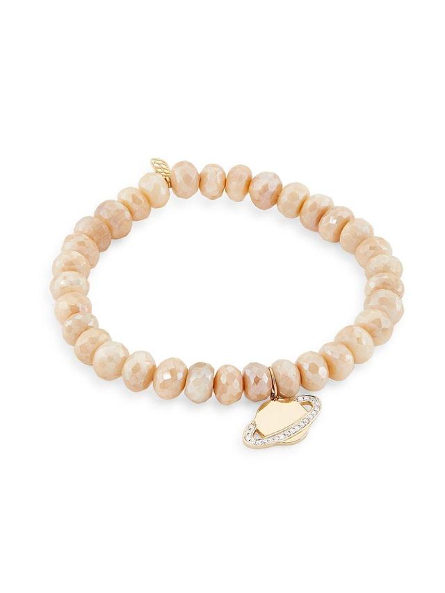 Womens 14K Yellow Gold, Sand Moonstone & 0.11 TCW Diamond Beaded Stretch Bracelet Product Image