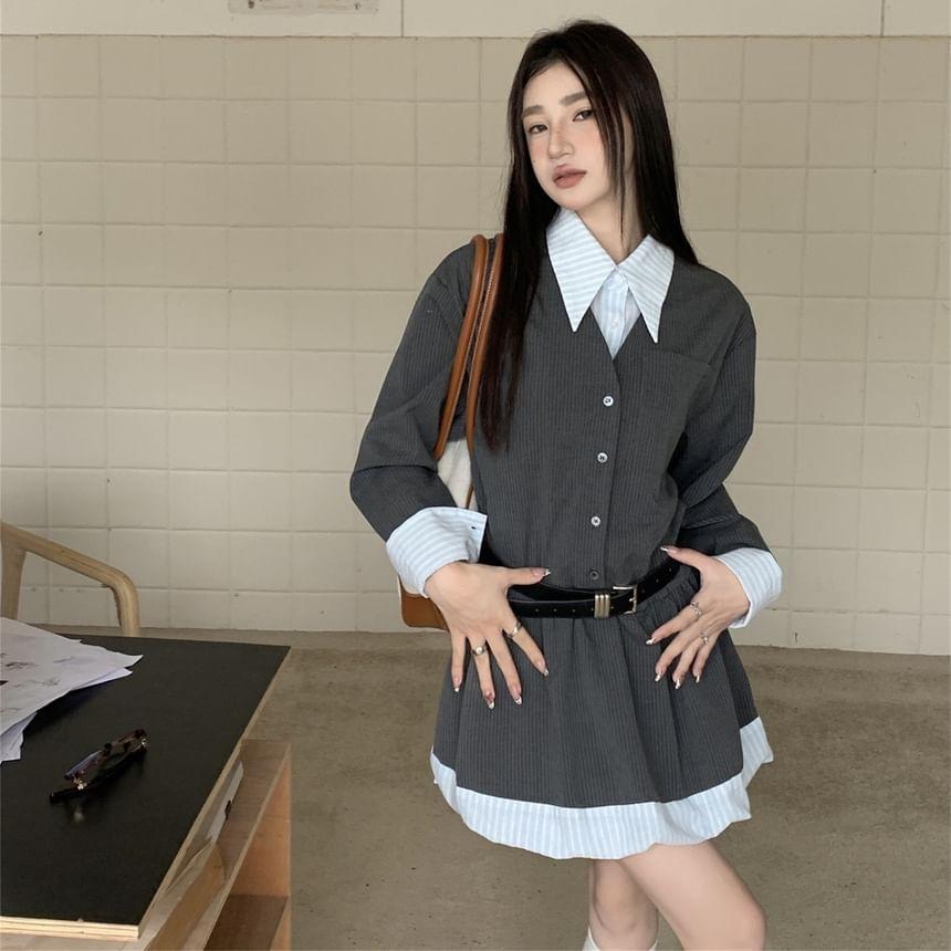 Long Sleeve Mock Two Piece Collar Striped Paneled Slim-Fit Mini A-Line Dress Product Image