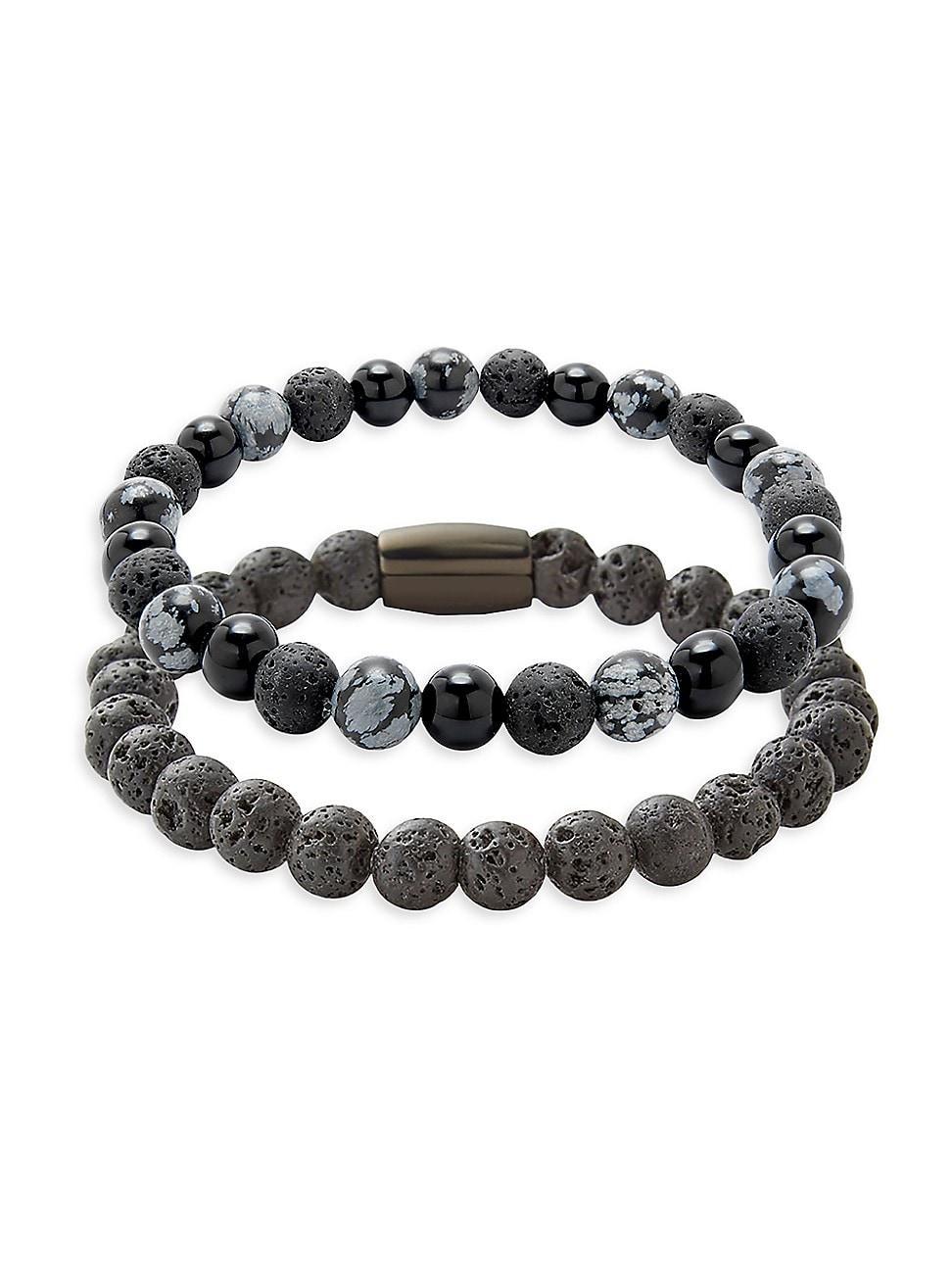 Mens Lava Rock & Gray Agate Beaded Bracelet Set Product Image