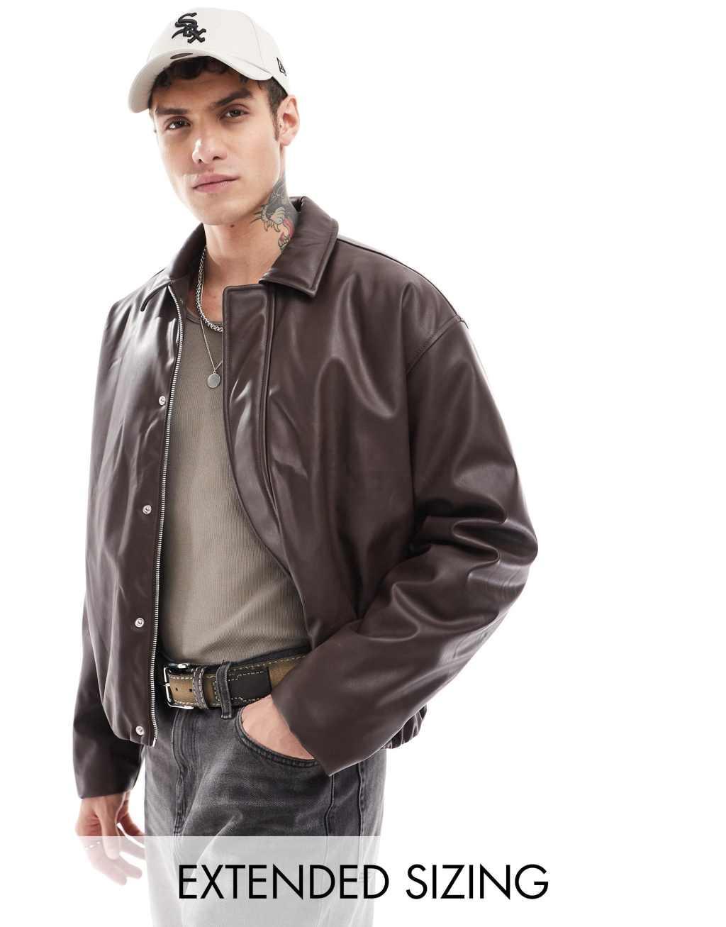 ASOS DESIGN faux leather oversized bomber jacket in brown Product Image