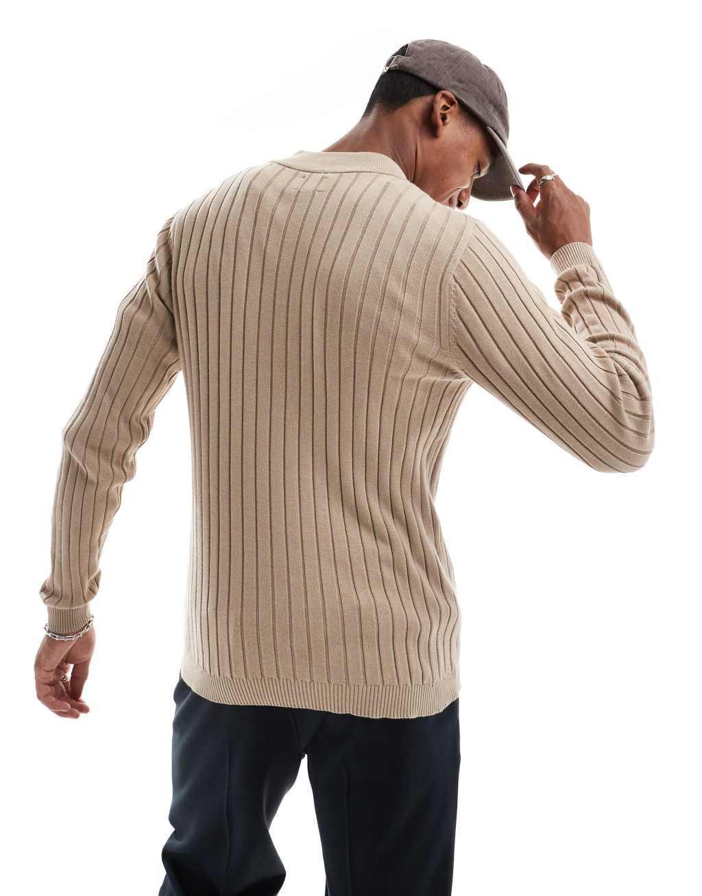 ASOS DESIGN essential muscle fit knit ribbed half zip sweater in taupe Product Image