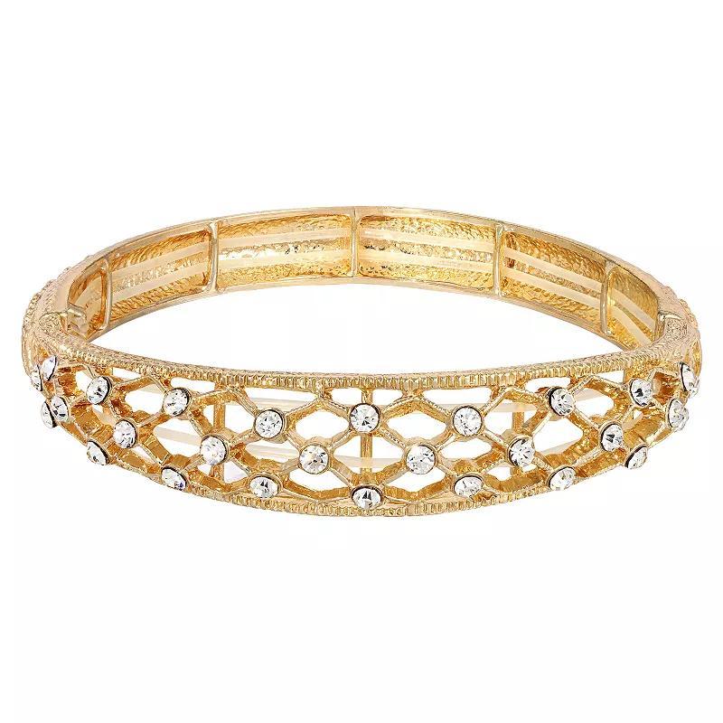 1928 Gold Tone Crystal Slim Filigree Stretch Bracelet, Womens, White Product Image