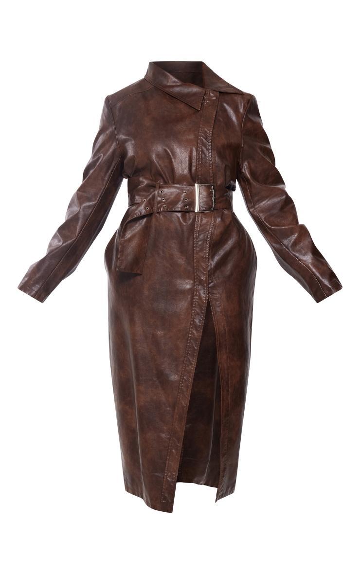 Plus Brown Belted Oversized Faux Leather Trench Coat product image