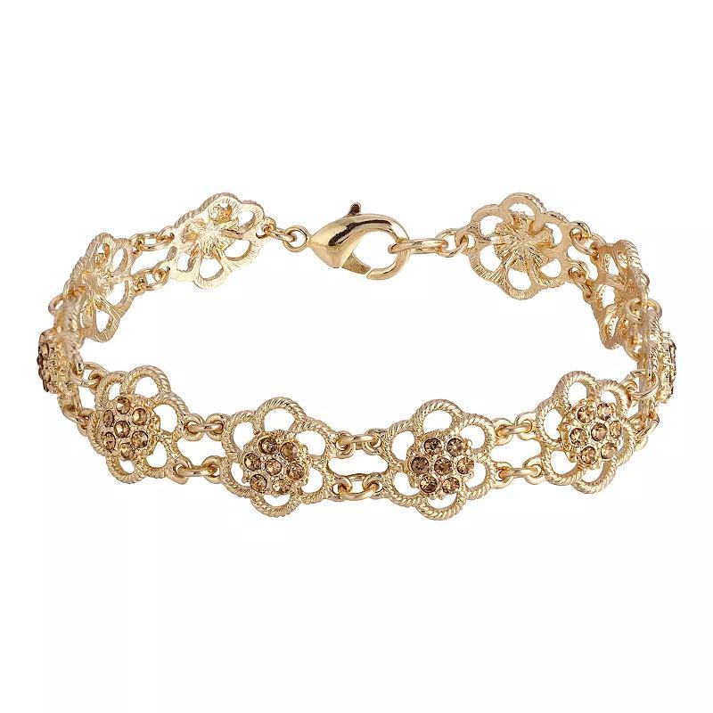 1928 Gold Tone Crystal 7 Inch Flower Link Bracelet, One Size , Brown Product Image