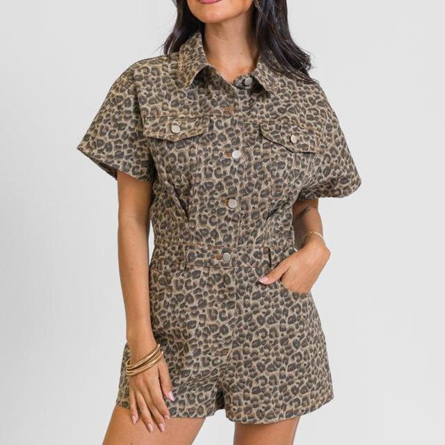 Wild As You Leopard Button Up Short Sleeve Romper Product Image