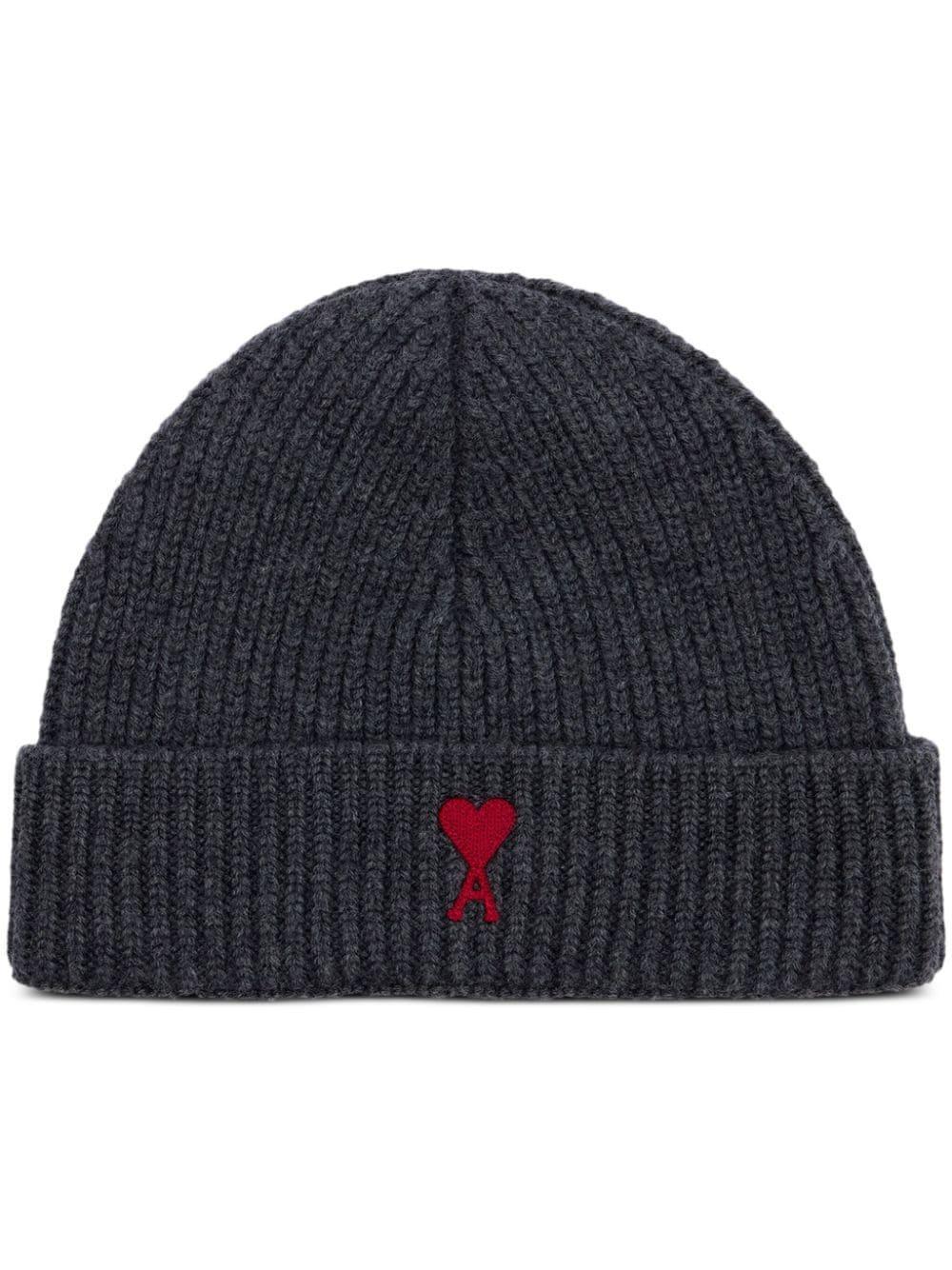 Ami Paris Paris Logo-embroidered Ribbed-knit Beanie In Grey Product Image