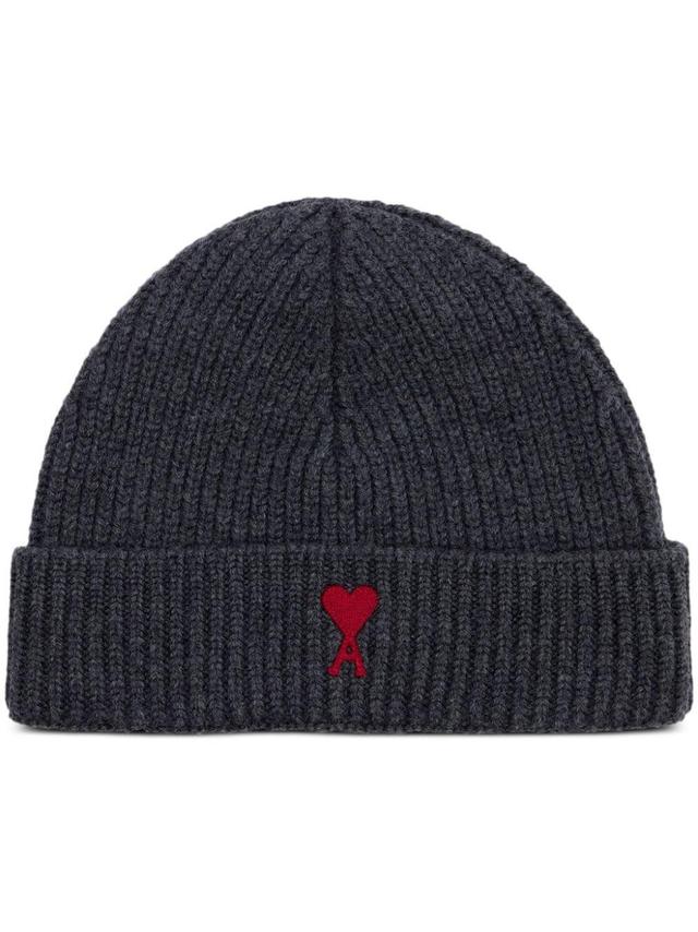 Ami Paris Paris Logo-embroidered Ribbed-knit Beanie In Grey Product Image