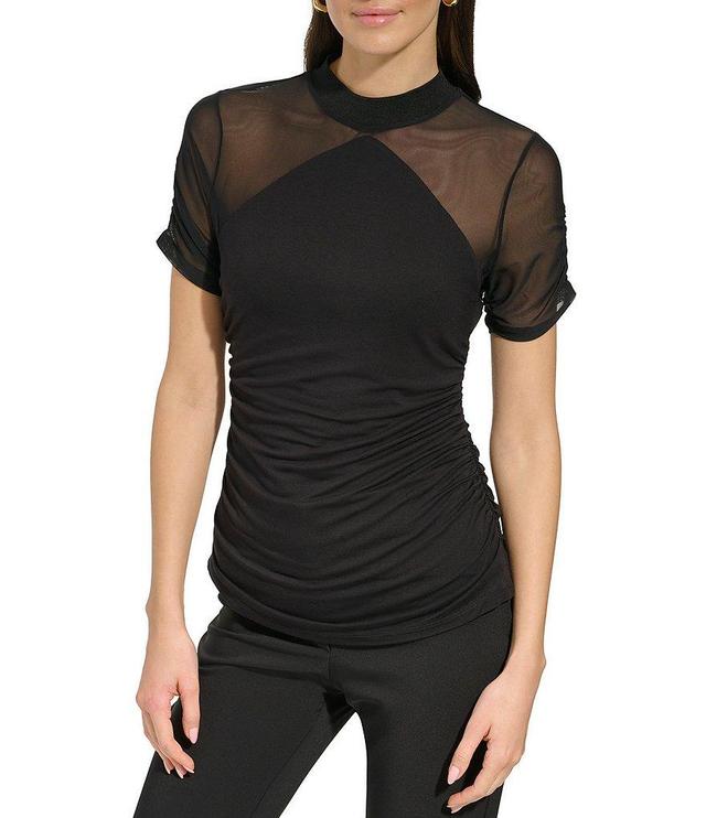 DKNY Short Sleeve Crew Neck Ruched Waist Mesh Top Product Image