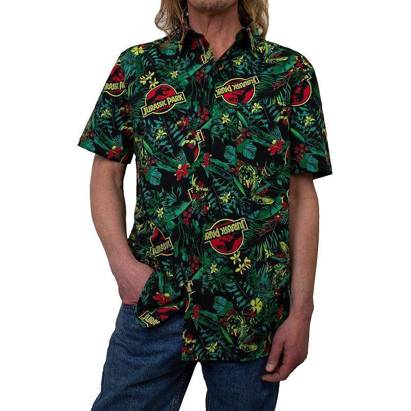 Mens Jurassic Park Logo Tropical Raptor Pattern Button Up Graphic Shirt Product Image