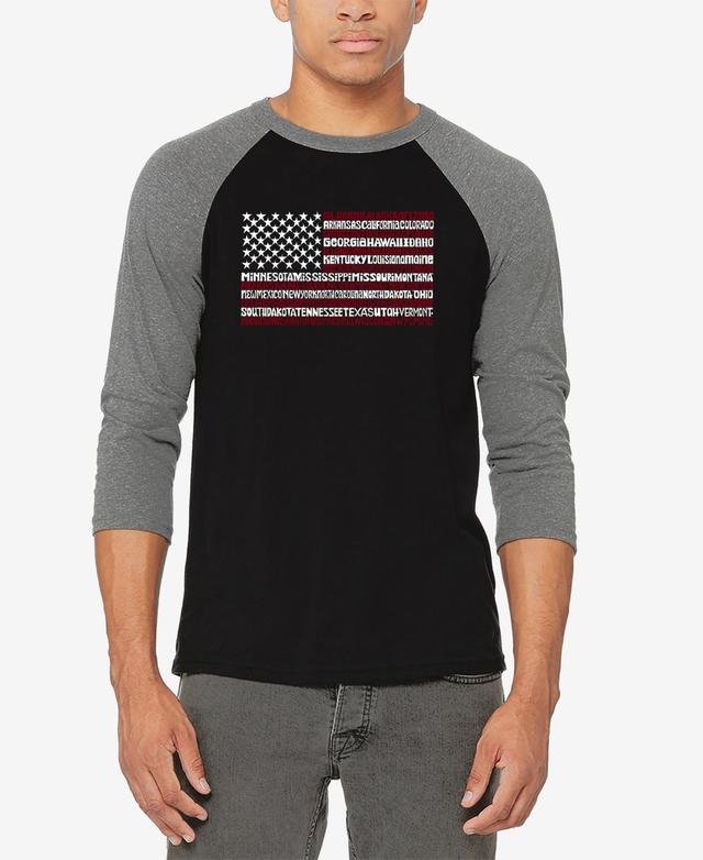 La Pop Art Mens Raglan Baseball 3/4 Sleeve 50 States Usa Flag Word Art T-shirt - Gray Product Image