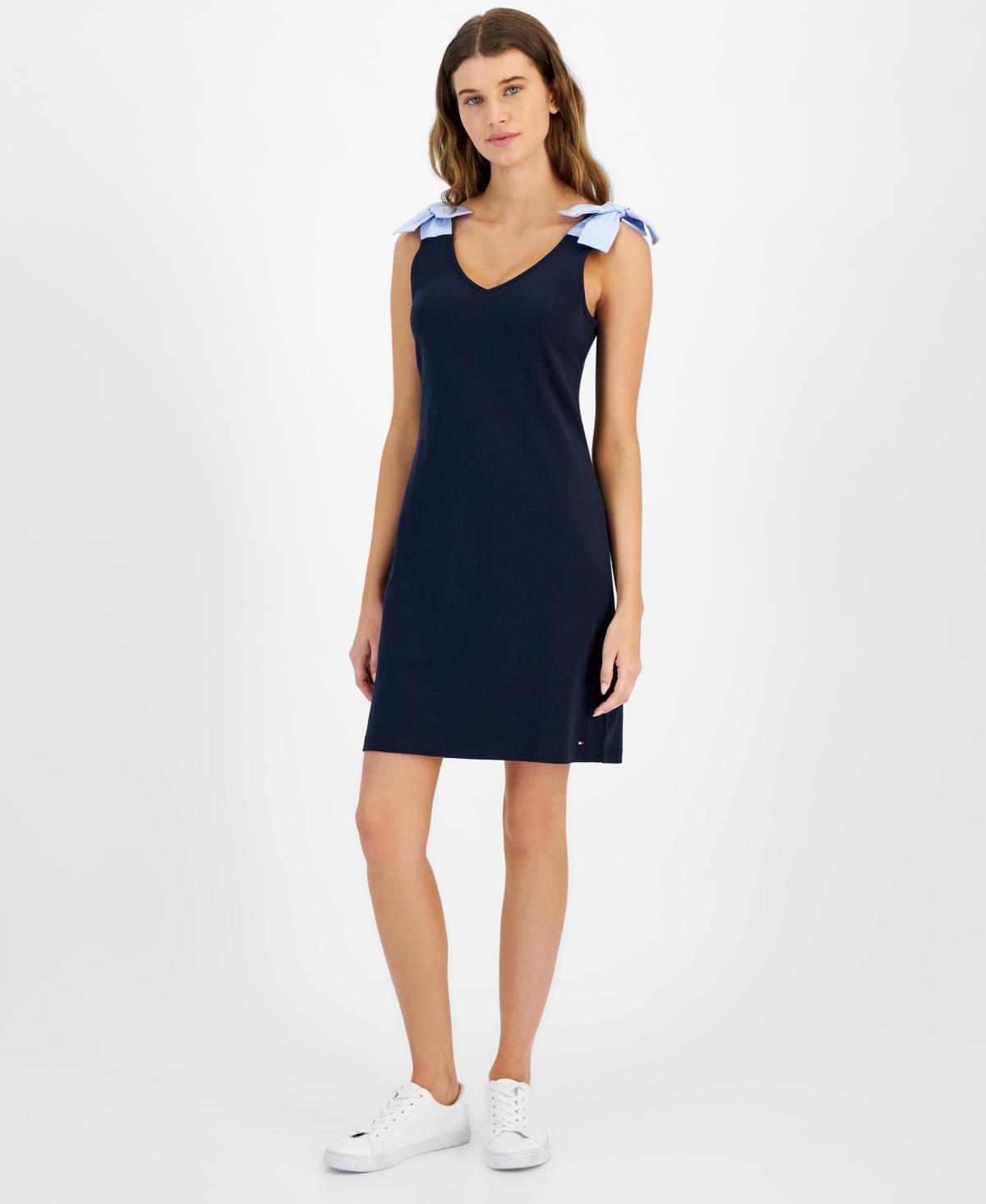 Tommy Hilfiger Womens Cotton V-neck Sleeveless Tie-Strap Dress Product Image