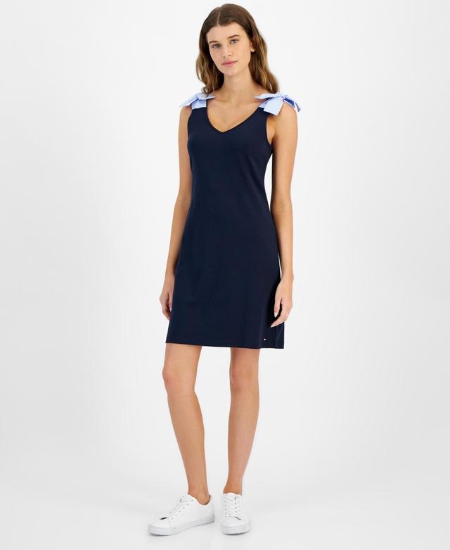 Women's Cotton V-neck Sleeveless Tie-Strap Dress Product Image