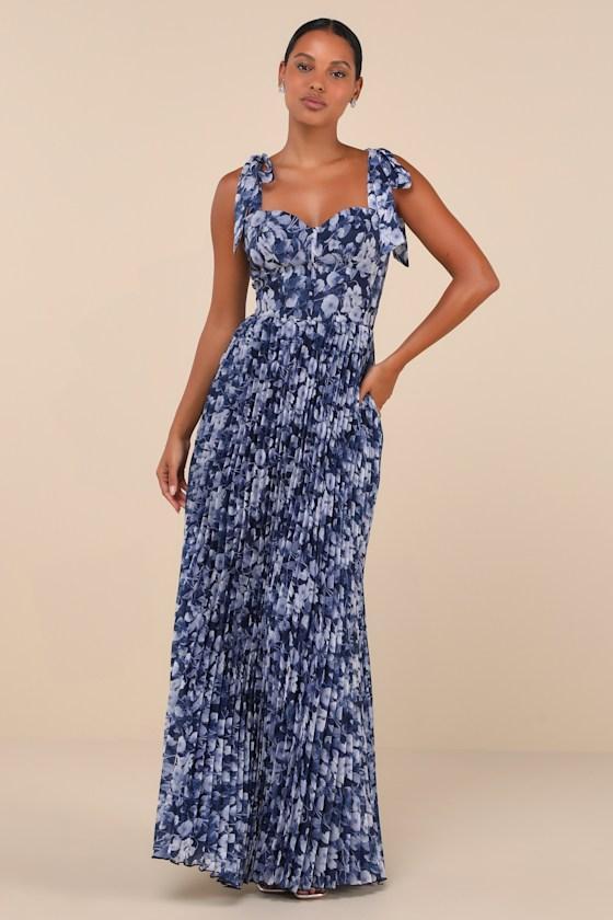 Illustrious Aura Navy Blue Floral Bustier Tie-Strap Maxi Dress Product Image