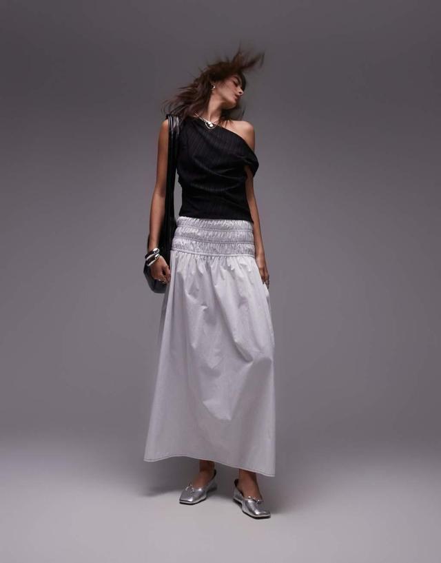 Topshop smocked waist maxi skirt in ivory with black topstitching Product Image