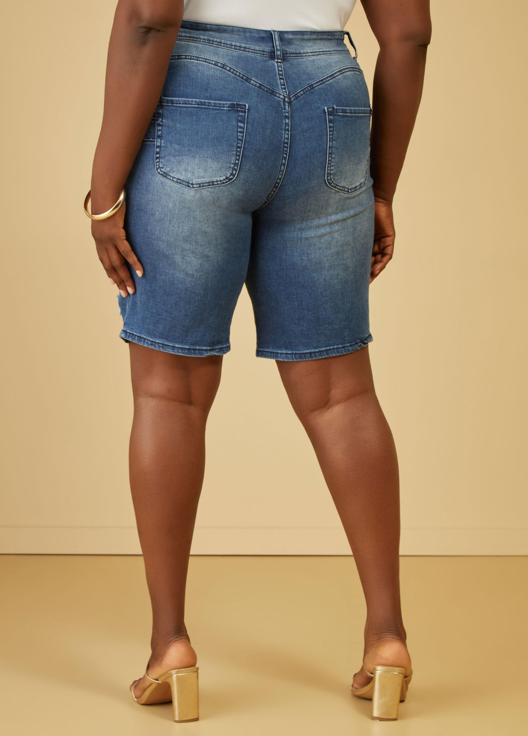 Frayed Stretch Denim Shorts Product Image