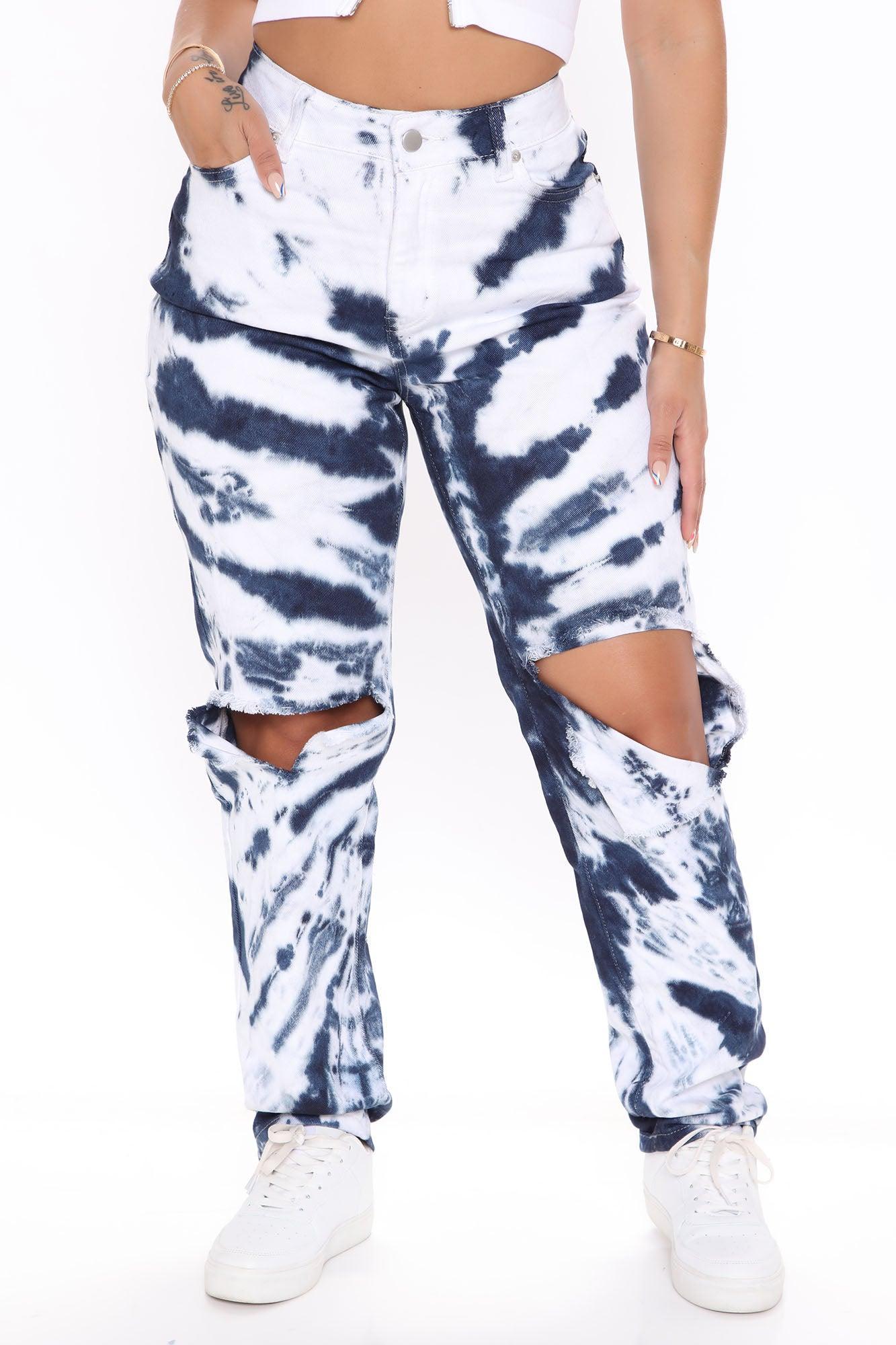 Stormy Clouds Stretch Tie Dye Mom Jeans - White/Blue Product Image