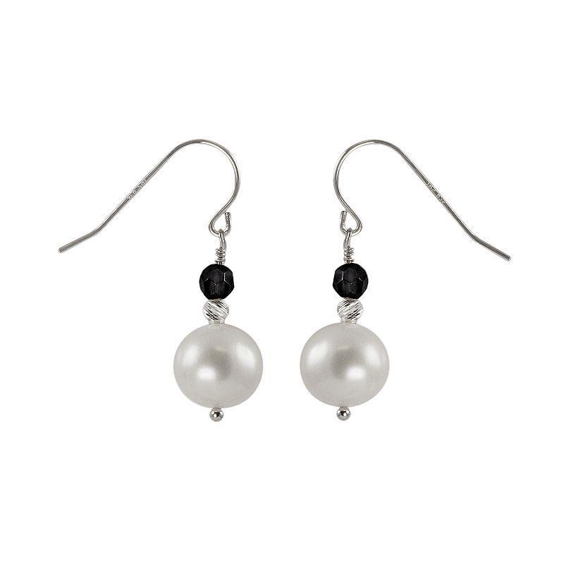 Sterling Silver Freshwater Cultured Pearl & Onyx Bead Drop Earrings, Womens Product Image