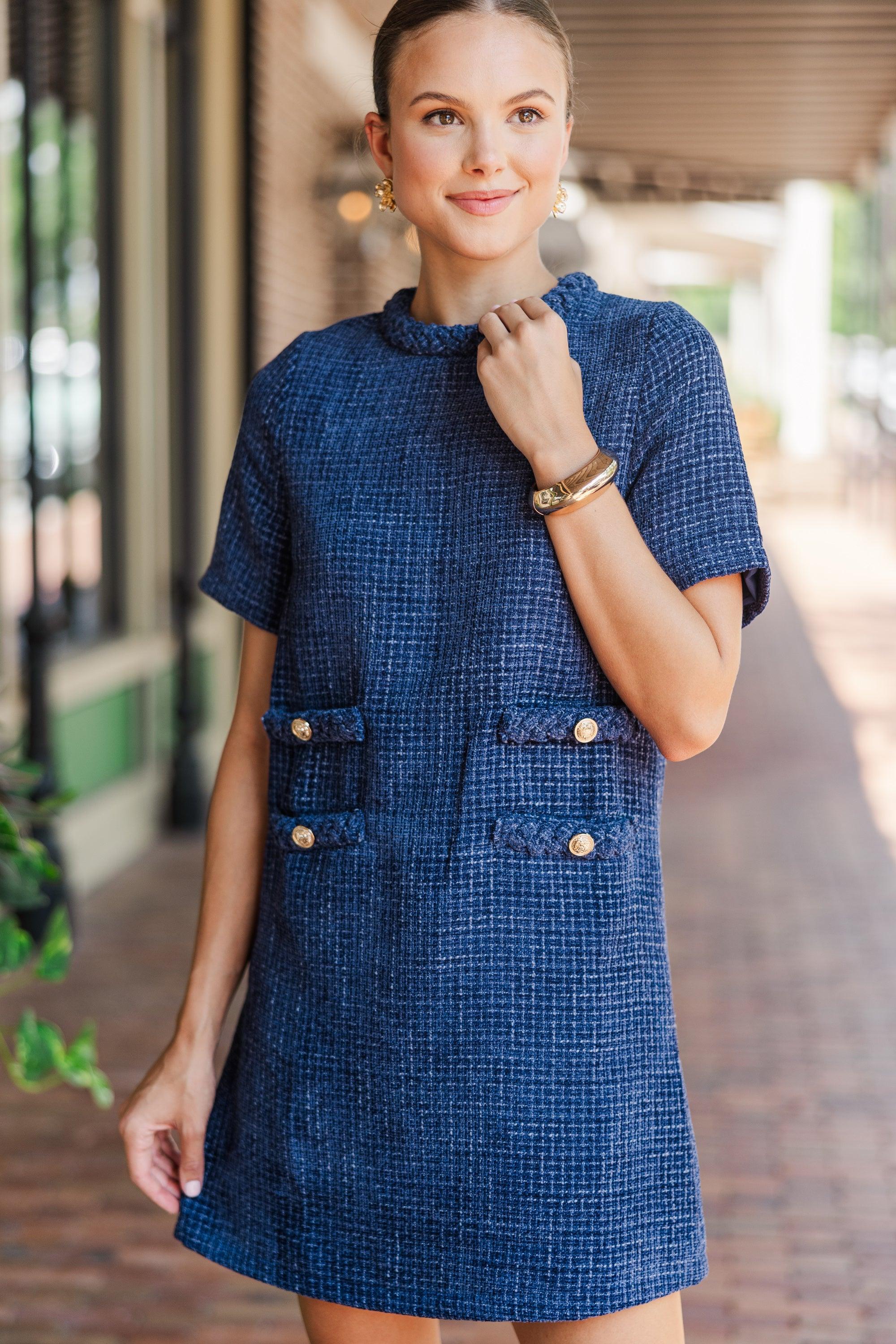 Ask You Out Navy Blue Tweed Shift Dress Female Product Image