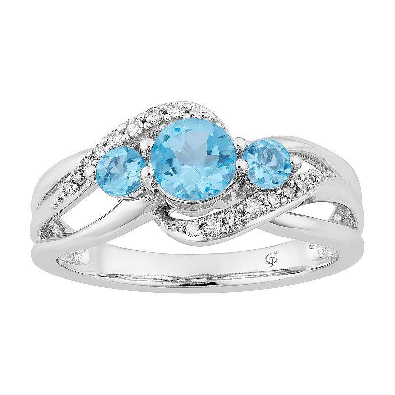 10k White Gold Swiss Blue Topaz & 1/5 Carat T.W. Diamond 3-Stone Ring, Womens 10k Whgold Product Image