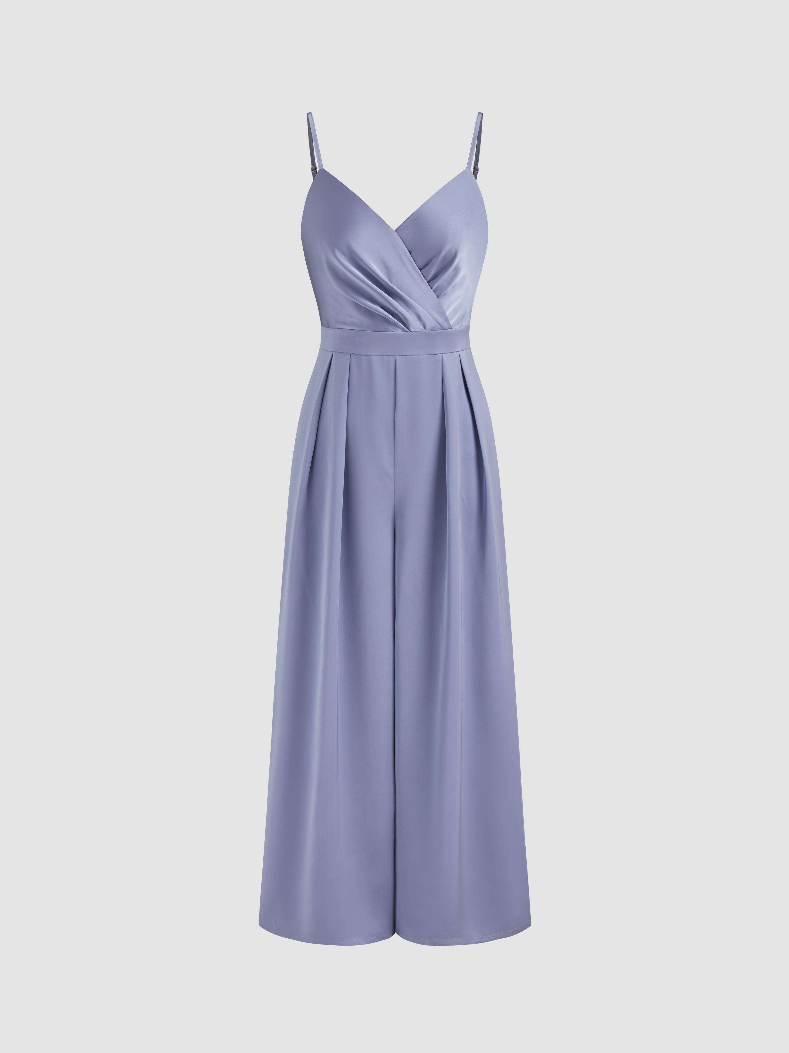 Satin V-neck Solid Pleated Jumpsuit Product Image