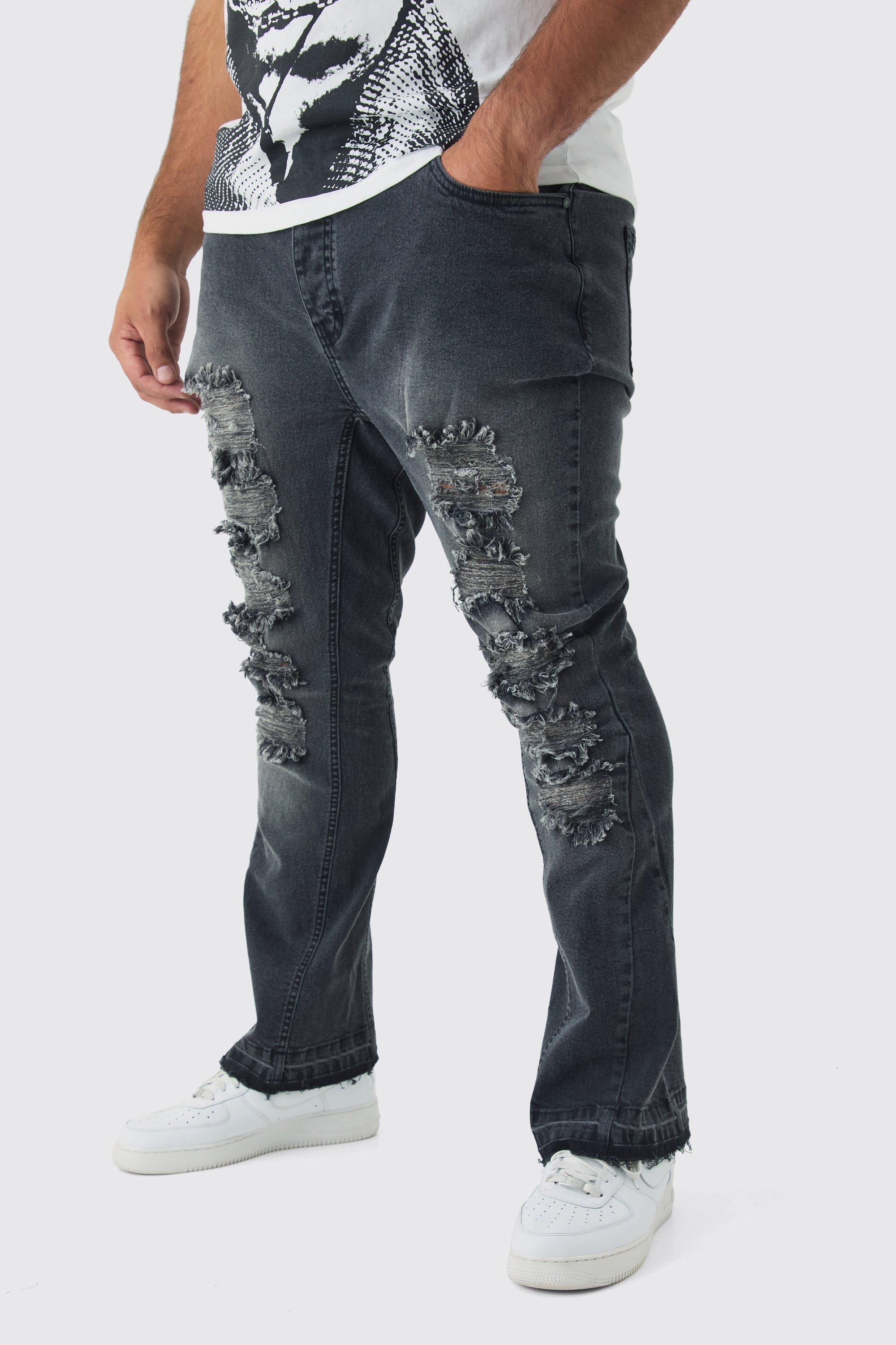 Plus Ripped Gusset Detail Stretch Skinny Flared Jeans | boohooMAN USA Product Image