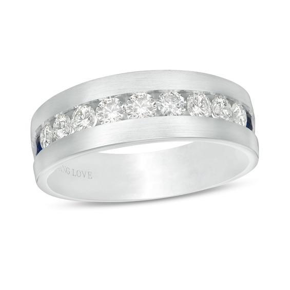 Vera Wang Love Collection Men's 1 CT. T.w. Diamond and Blue Sapphire Eleven Stone Wedding Band in 14K White Gold Product Image