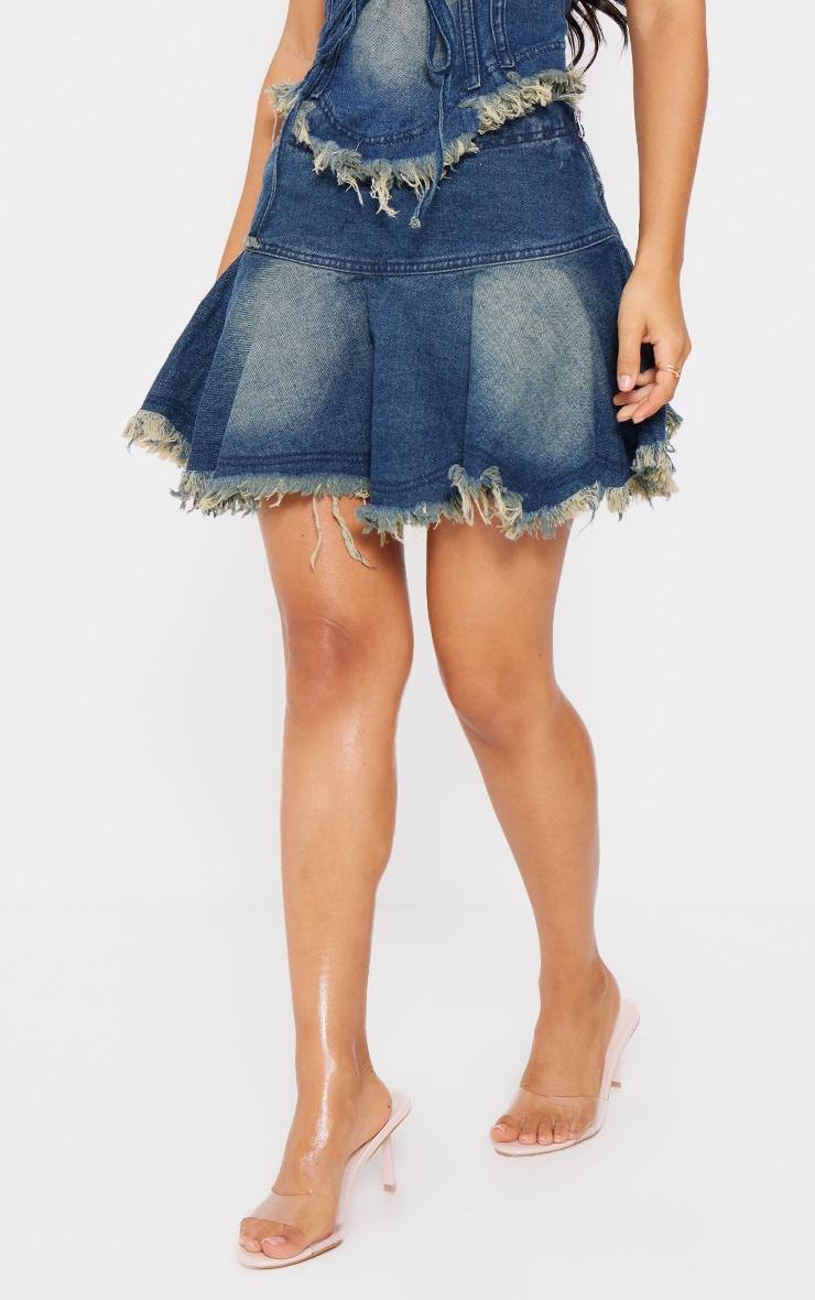 Petite Indigo Blue Wash Frayed Hem Denim Pleated Mini Skirt Product Image