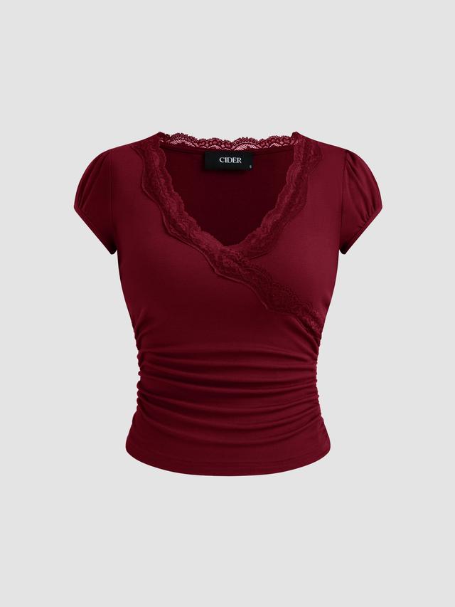 V-neck Solid Lace Trim Ruched Short Sleeve Tee Product Image